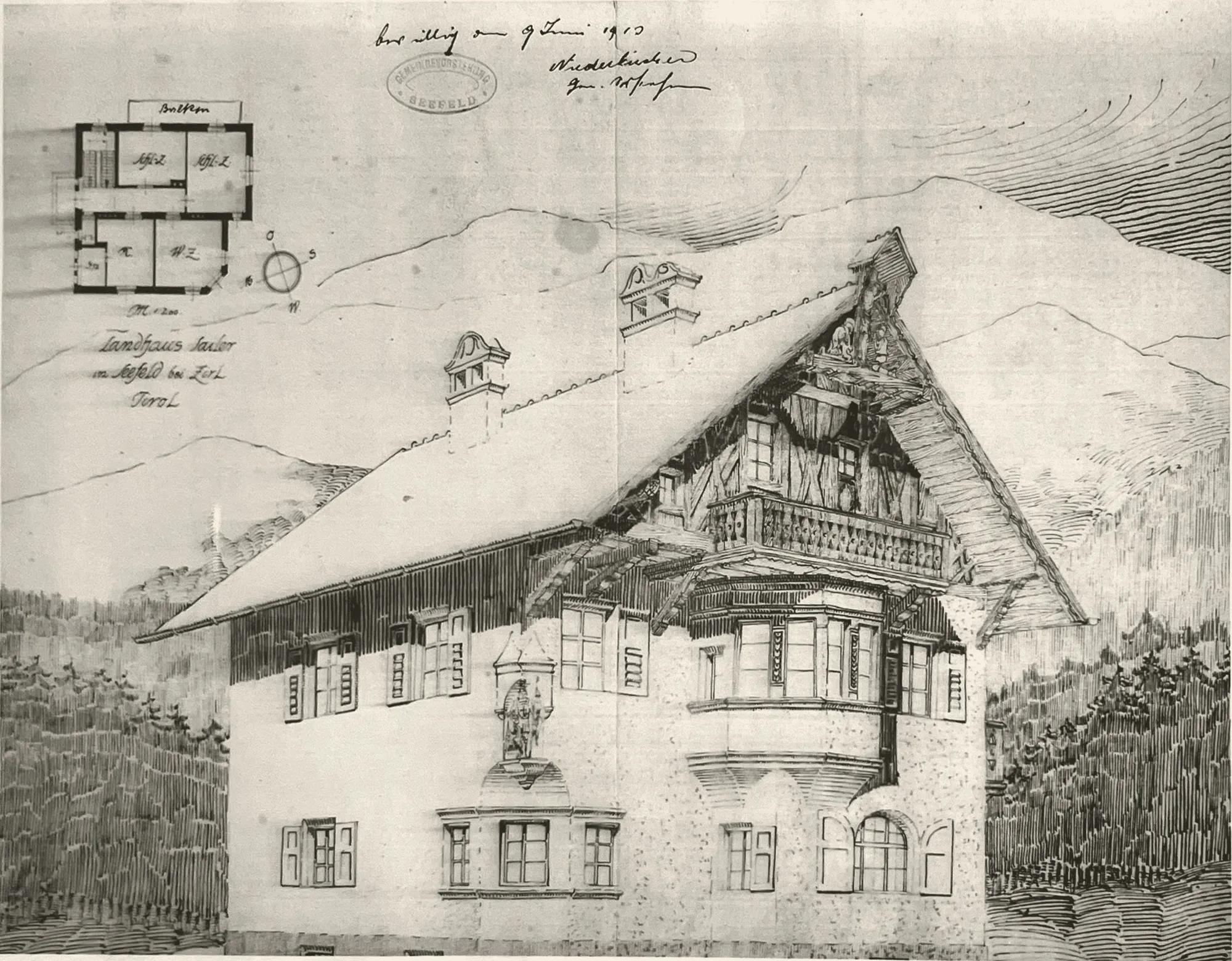 Plano histórico «Landhaus Sailer in Seefeld» con el alzado de la casa y la planta