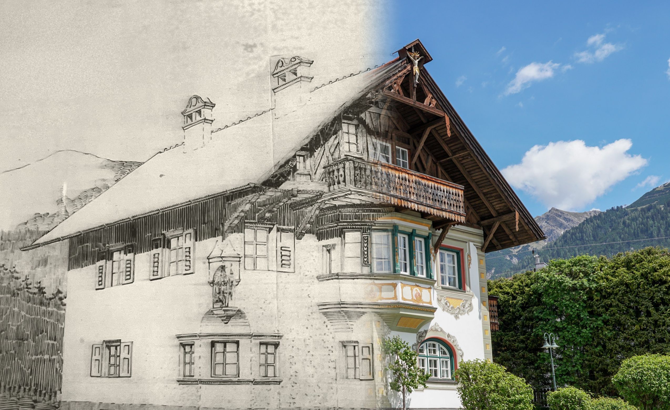 Villa St. Oswald: a la izquierda el plano de 1912, a la derecha la casa hoy